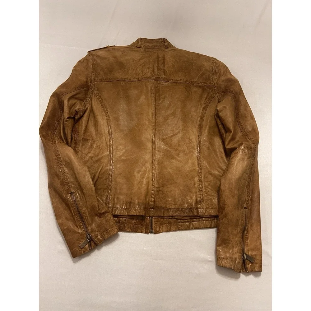 MICHAEL KORS Leather Moto Jacket Cafe Racer Zipped Sleeve Pocket Cognac Brown Lg